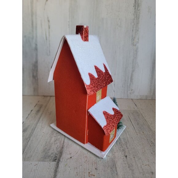 Red Xmas glitter house snow pine tree table top home decor light up - Picture 4 of 7